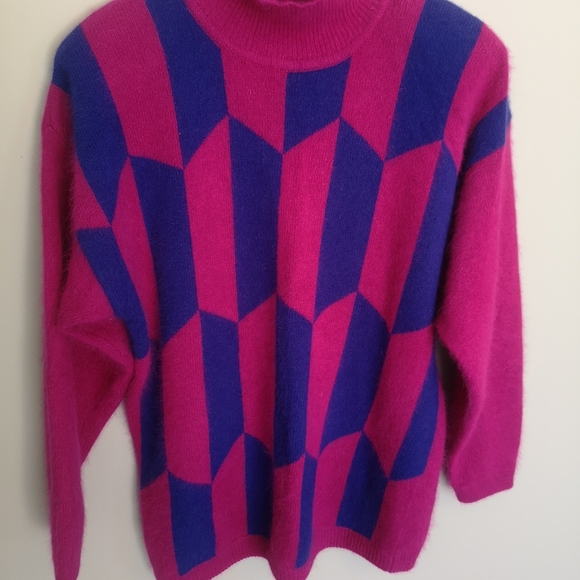 Vintage 80's 90's Angora Rabbit Hair and Lambswool Bright Geometric Swea… - Picture 3 of 16